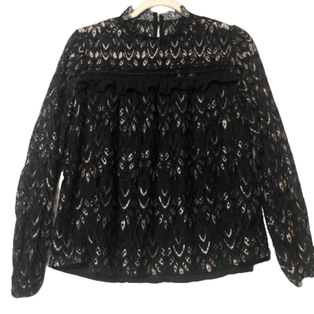 Francesca’s Blue Rain Black Lace & Metallic Top